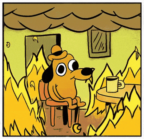 a cartoon dog is sitting at a table with a cup of coffee in front of a fire
