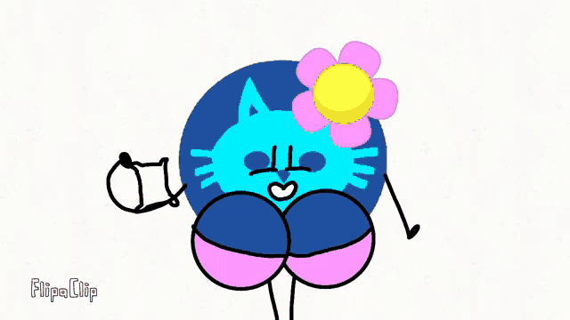 a cartoon drawing of a blue cat with a pink flower on her head