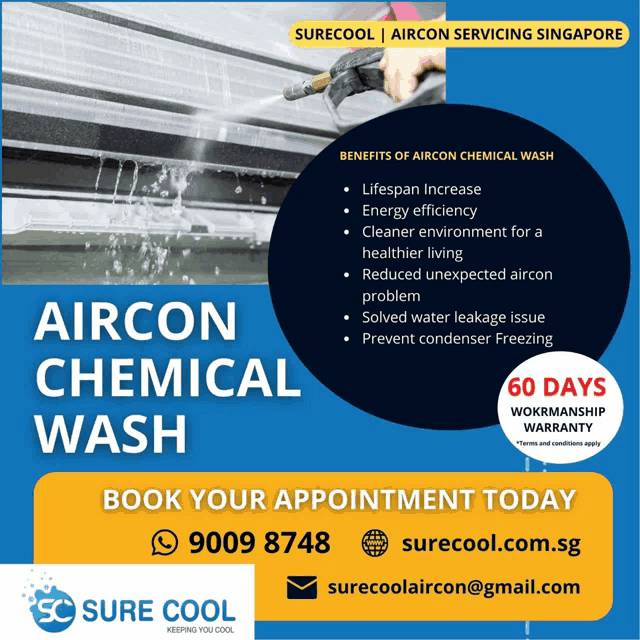 an advertisement for aircon chemical wash shows the benefits
