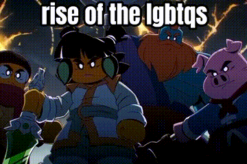 a group of cartoon characters are standing next to each other in a dark room .