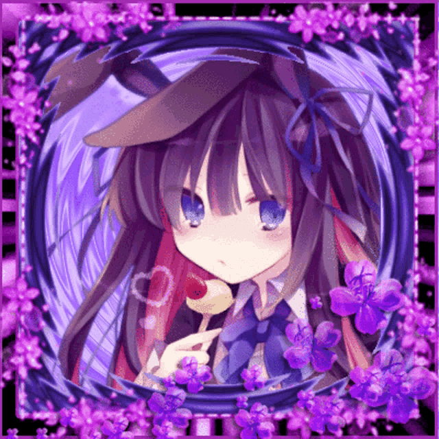 a girl with purple hair and blue eyes is in a purple frame with purple flowers