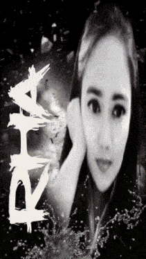 a black and white photo of a woman 's face with a chinese symbol behind her