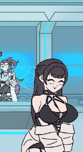 a cartoon of a woman with a huge breast standing in front of a window
