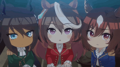 three anime characters standing next to each other with one wearing a red coat