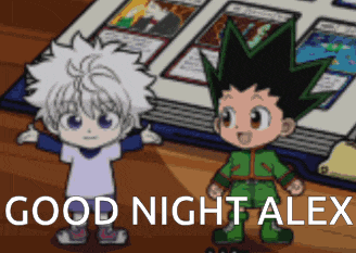 a couple of anime characters standing next to each other with the words good night alex in the corner