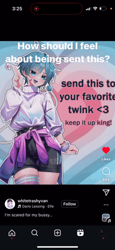 a screenshot of an app asking how should i feel about being sent this to your favorite twink < 3