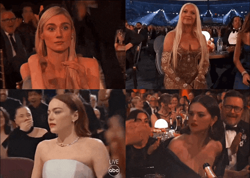 a collage of four images of a woman sitting in a crowd with the words live abc on the bottom left