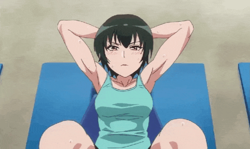 a girl in a blue tank top is doing crunches on a blue mat