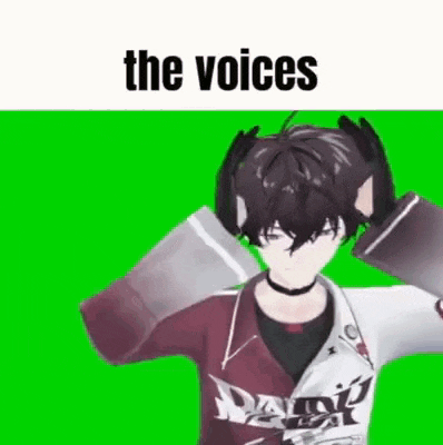 a 3d anime character is standing in front of a green screen with the words `` the voices '' written on it .