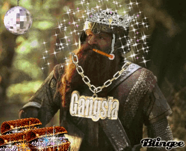 a man with a beard is wearing a necklace that says gangsta