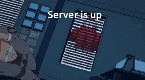 a cartoon of a man in a red cape with the words " server is up " above him