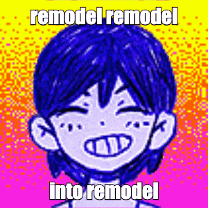 a cartoon of a boy with blue hair and the words `` remodel remodel into remodel ''