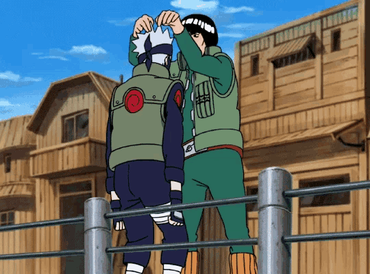 a couple of anime characters standing next to each other with one having a red circle on his back