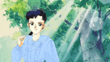 a drawing of a girl in a blue shirt with a bow