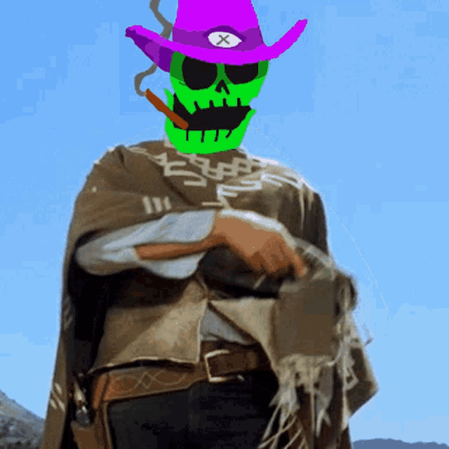 a cartoon of a cowboy with a green skull on his face