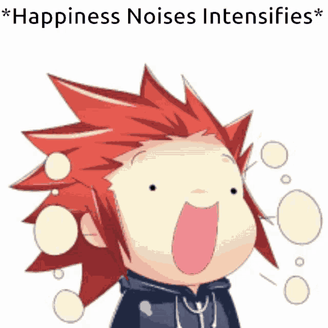 a cartoon of a person with red hair and the words " happiness noises intensifies "