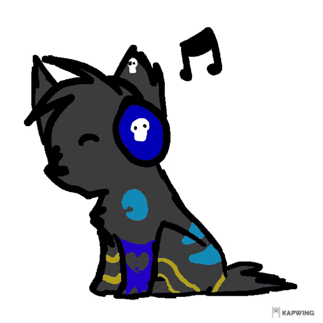 a drawing of a dog wearing headphones with a skull on his ear