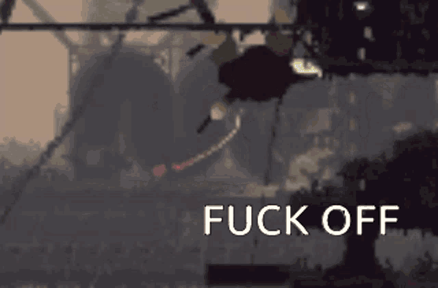 a picture of a helicopter with the words " fuck off " written below it