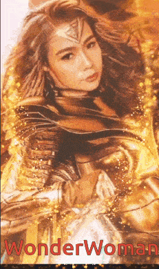 a woman in a wonder woman costume is surrounded by gold sparkles