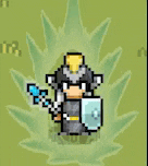 a pixel art knight with a sword and shield is standing in the grass .