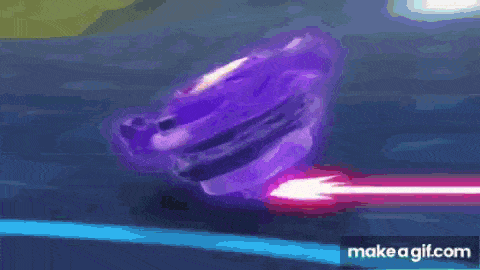 a purple spinning top with a green light coming out of it