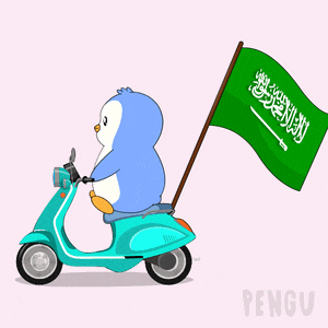 a penguin is riding a scooter with a green flag