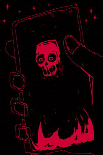 a drawing of a person holding a book with a skull and flames on it