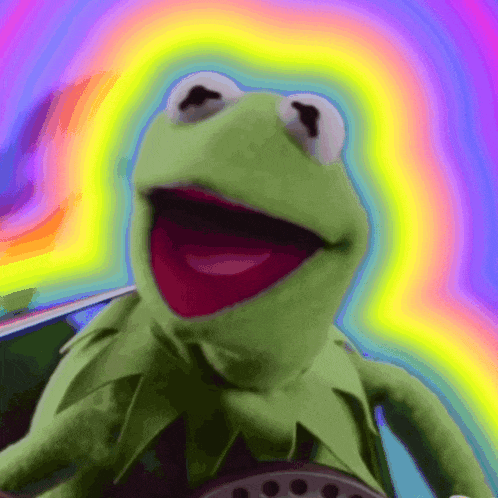 kermit the frog with a rainbow behind him