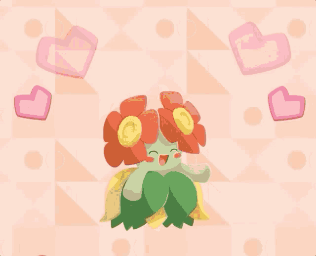 a cartoon drawing of a flower with two hearts surrounding it