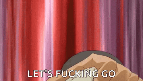a cartoon character is saying let 's fucking go in front of a red curtain .