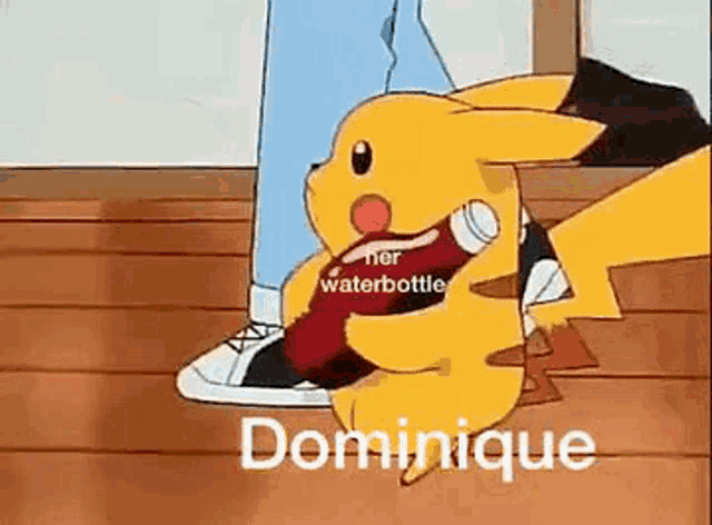 a cartoon of a pikachu holding a water bottle in its paws .