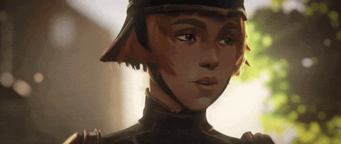a close up of a cartoon character wearing a helmet and looking at something .