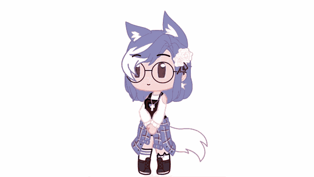 a girl with purple hair and glasses has a flower in her hair