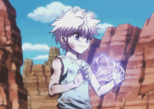 a boy with white hair is standing in front of a mountain