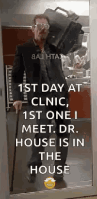 a man with a cane is standing in a doorway holding a briefcase and a briefcase .