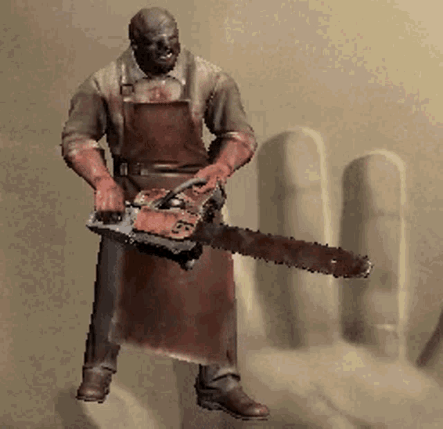 a man in an apron is holding a chainsaw in front of a giant hand