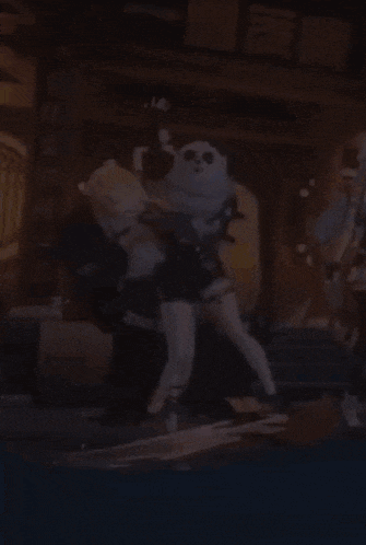 a girl is dancing with a panda bear in a cartoon scene