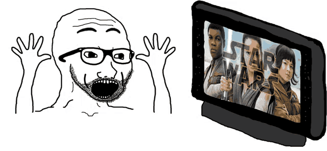 a drawing of a man with glasses next to a drawing of a screen that says star wars