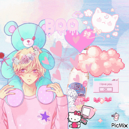 a picture of a boy with a teddy bear on his head and a i love you ok message