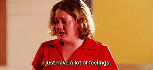 a woman is crying and saying `` i just have a lot of feelings . ''
