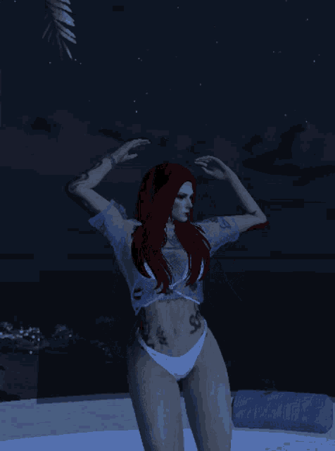 a woman in a bikini with a tattoo on her stomach stands in front of a pool at night