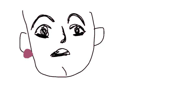 a black and white drawing of a person 's face with a pink spot on the ear