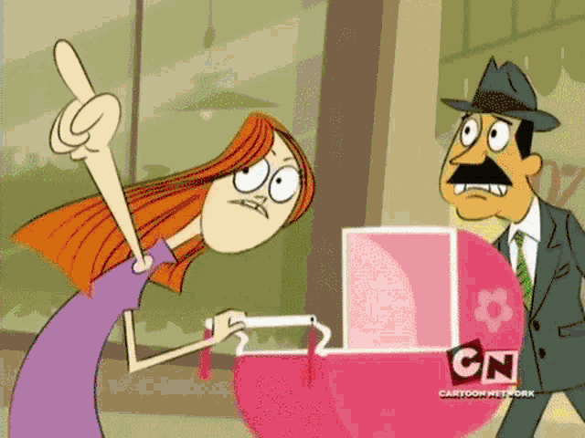 a cartoon of a woman pointing at a pink box with cn written on the bottom