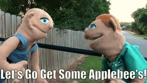 two stuffed animals standing next to each other with the words let 's go get some applebee 's on the bottom