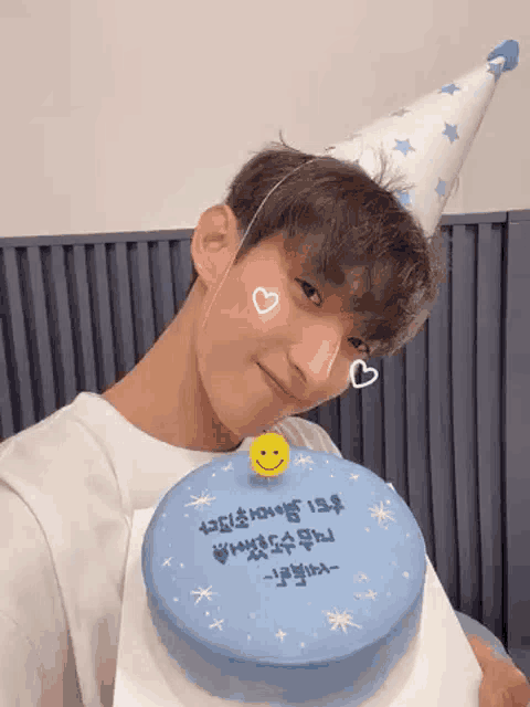 a young man wearing a party hat is holding a blue cake .