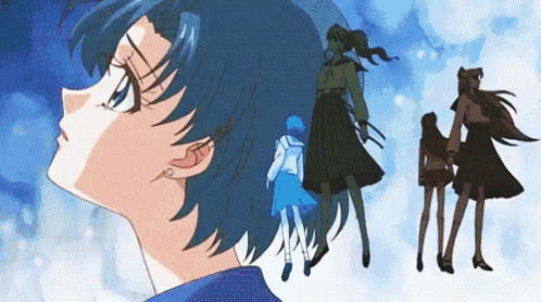 a cartoon of a girl with blue hair looking up