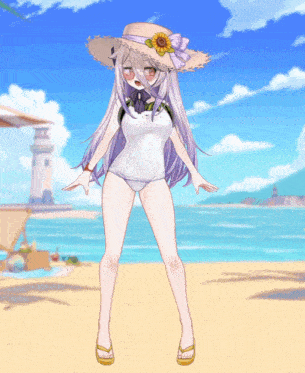 a girl with purple hair wearing a straw hat and flip flops