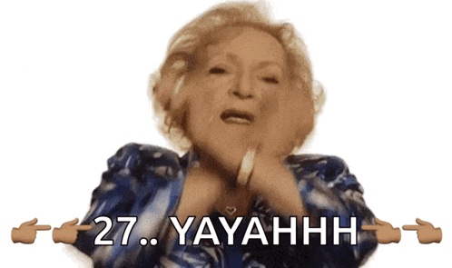 a woman in a blue dress is saying 27 yeahhhh