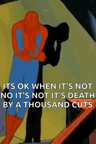a cartoon of a spiderman standing next to a black shadow