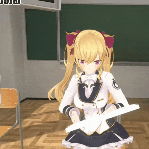 a girl in a school uniform is holding a piece of paper in front of a blackboard